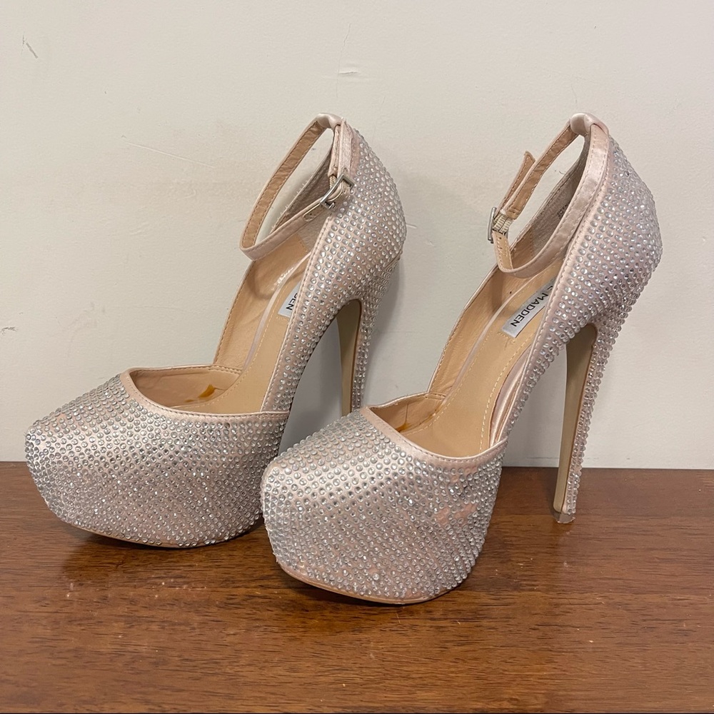 Steve Madden Women Deeny R Pewter Beige Crystal Platform High Heel Pumps Sz 8